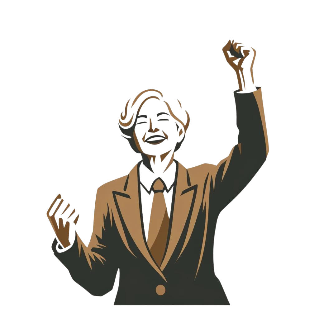 A simple image of a happy elderly woman in a suit celebrating financial success, depicted in a minimalist style with brown and gold tones.