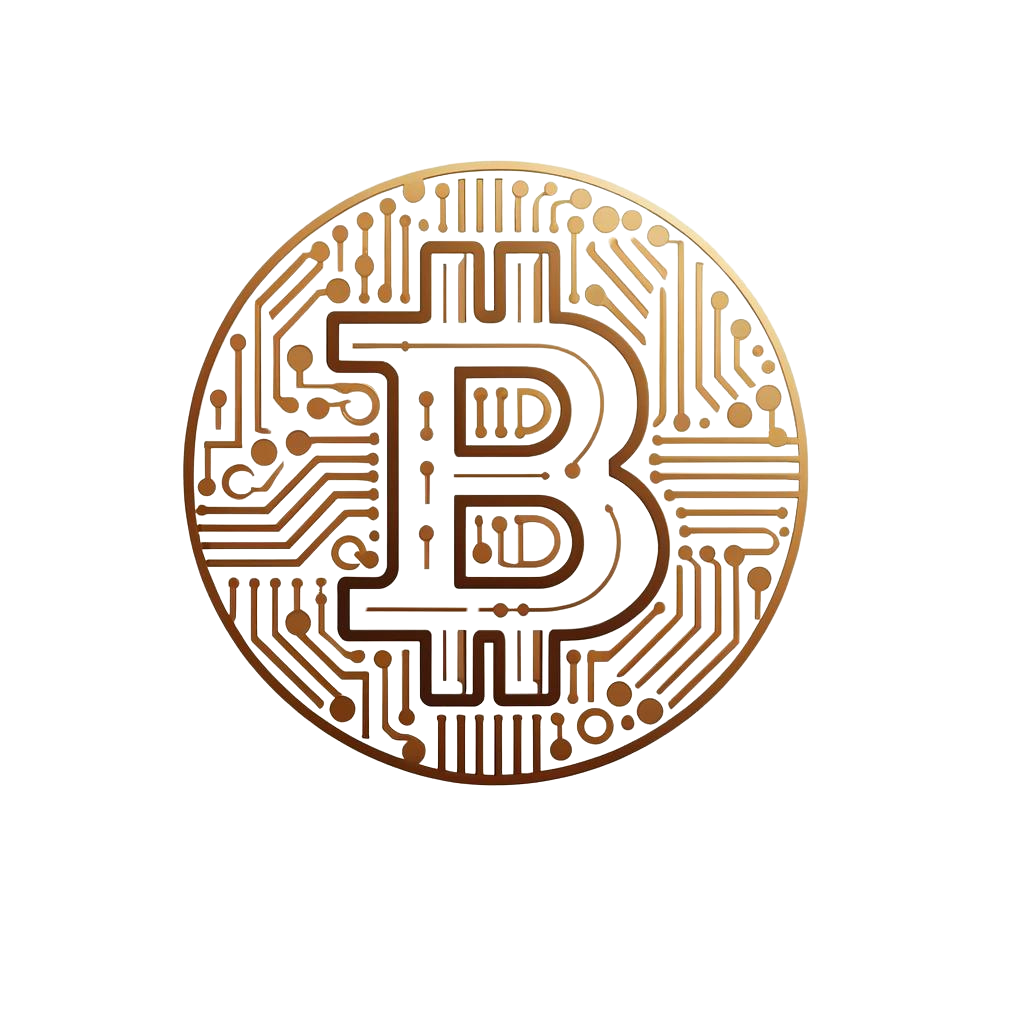 A stylized image of a Bitcoin symbol on a white background, featuring intricate circuitry patterns.