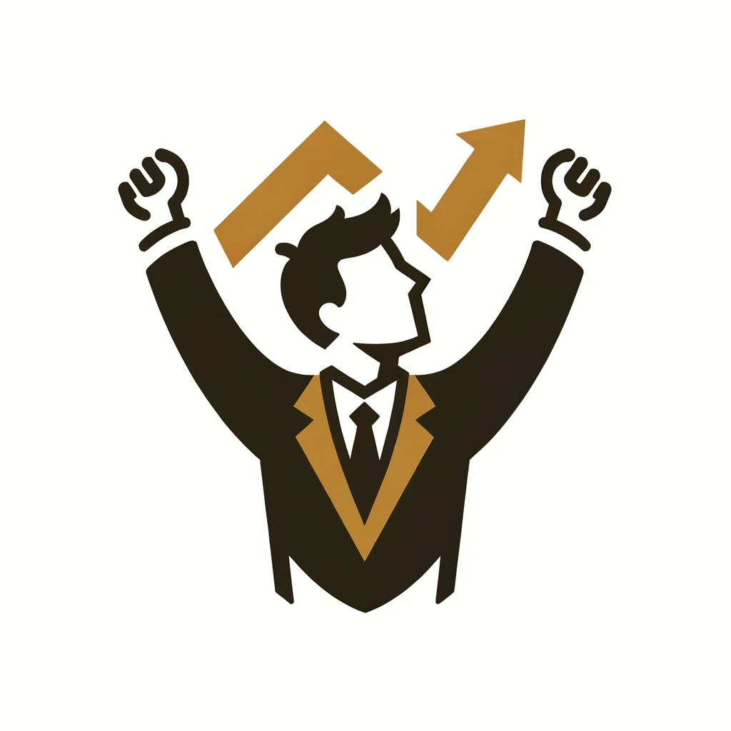 Excited investor celebrating financial success with raised arms, depicted in minimalist style against a plain white background.