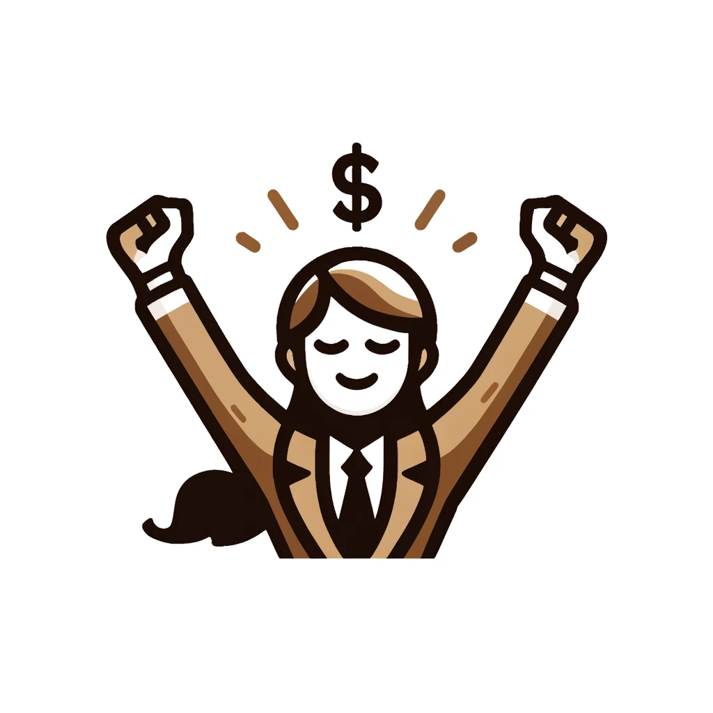 Young female investor enthusiastically raising her arms with a smile, depicted in a minimalist style on a white background.