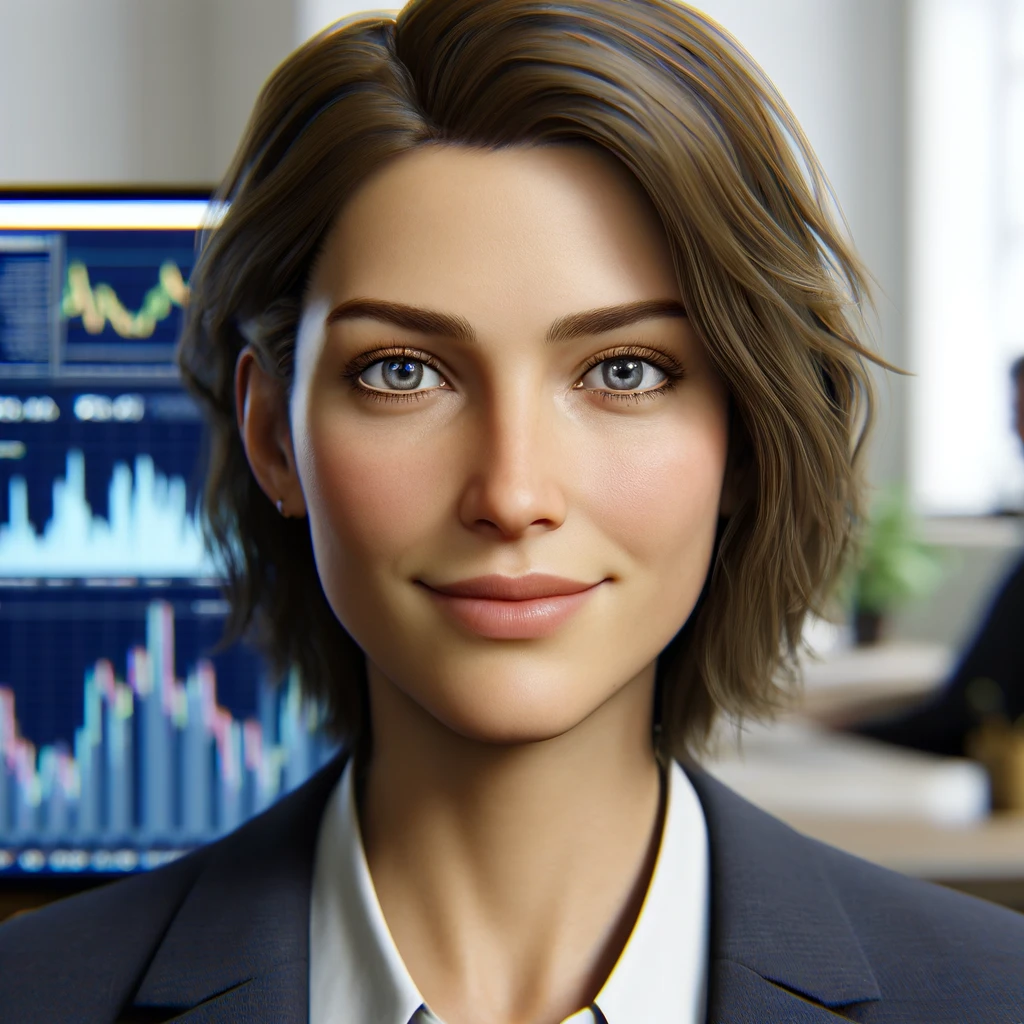 A confident and approachable woman named Emma Johnson, an individual investor, wearing a business casual outfit in a professional office setting.