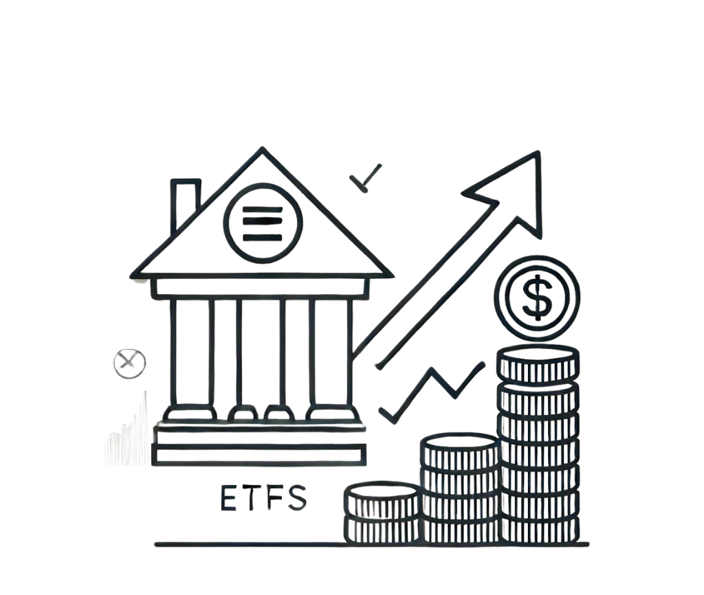 A simple, attention-grabbing image on a white background representing ETF investment with an upward-trending arrow.