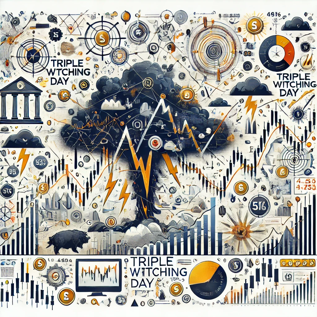 An illustration depicting market volatility with stock charts, economic symbols, and the concept of 'Triple Witching Day' on a white background.