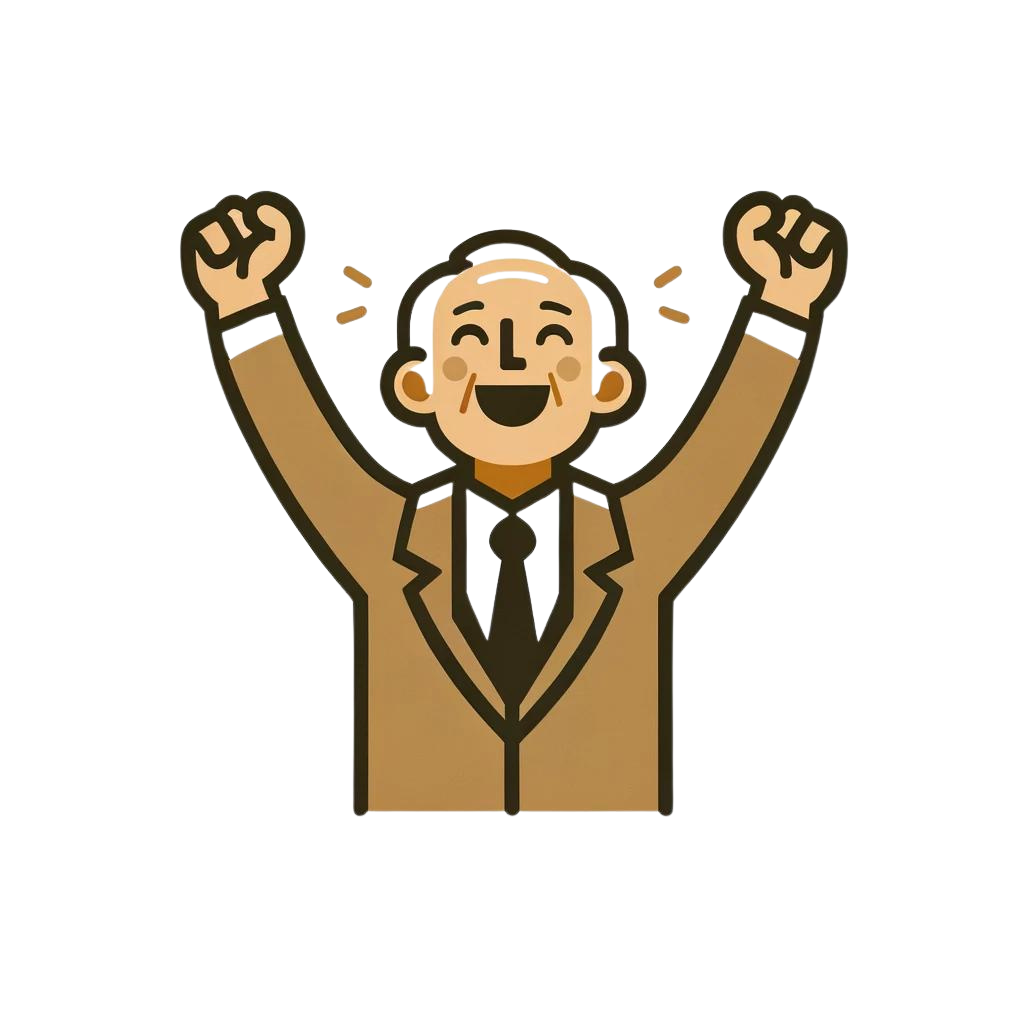 An elderly man in a brown suit joyously raising his arms in celebration, symbolizing financial success.