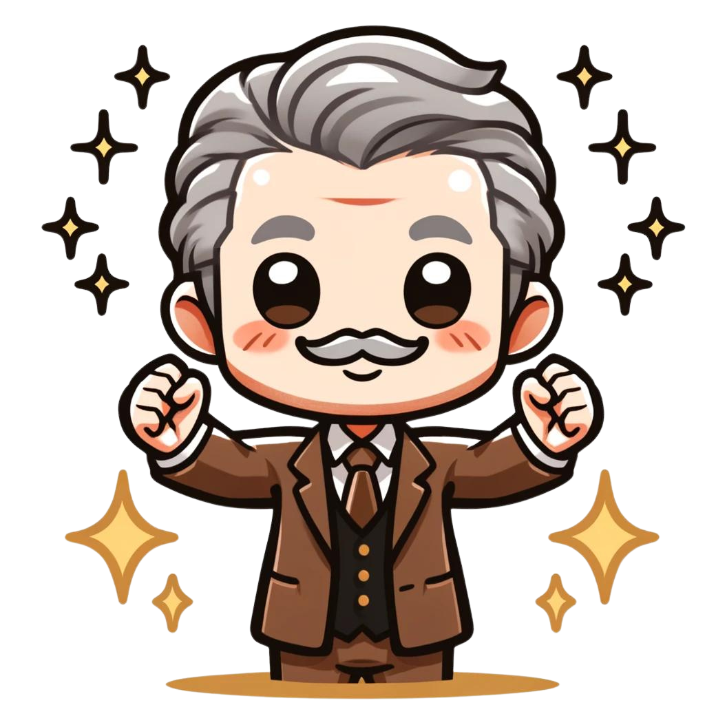 Cheerful cartoon elderly man investor with gray hair and brown suit raising arms in victory