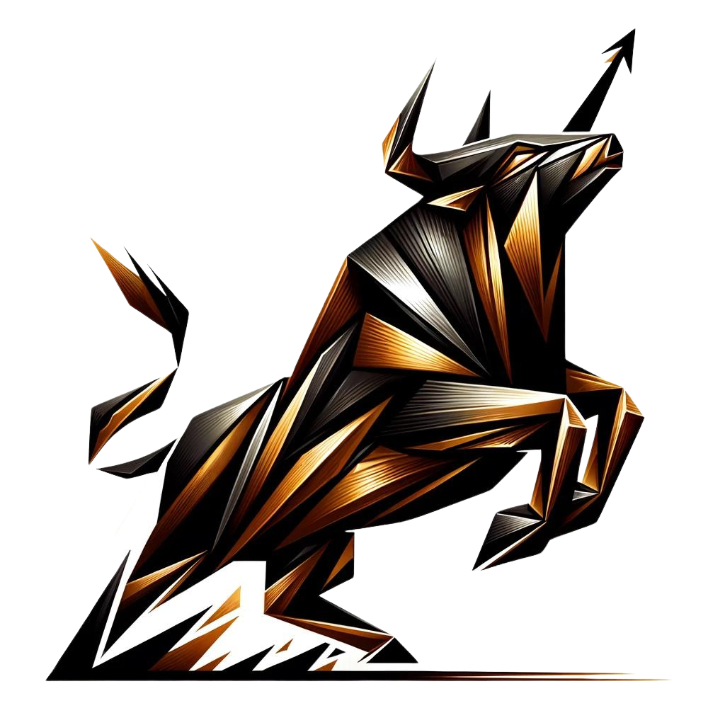 Abstract dynamic depiction of a bullish market trend with a stylized bull facing left, using gold, dark brown, light brown, and black colors.