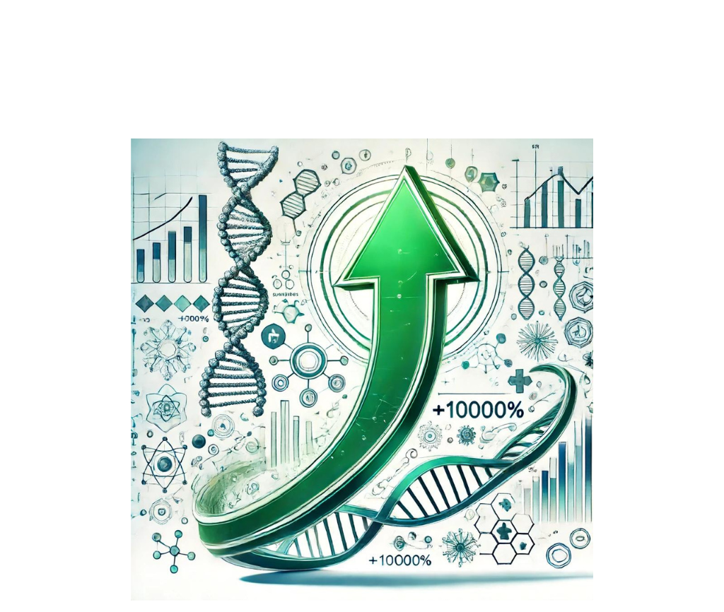 Green upward arrow symbolizing biotech growth and investment, with DNA strands, molecules, and medical icons on a white background, showing +10000% potential gains.