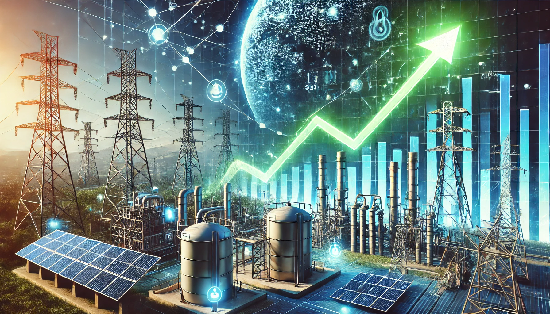 Image representing the energy industry with electricity pylons, solar panels, and natural gas infrastructure, featuring an upward-trending stock chart indicating a growth of over 33%.