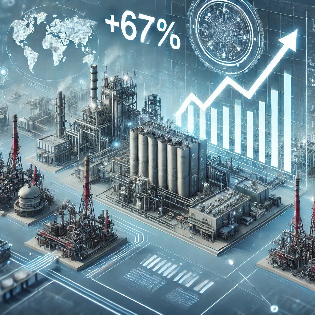 An illustration of the industrial automation and electronic components industry, featuring modern factories and advanced machinery, with a rising financial graph showing a +67% increase.