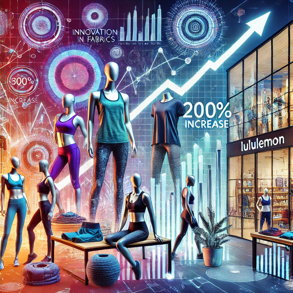 Illustration of Lululemon Athletica's 200% stock increase with mannequins in stylish athletic apparel and a rising stock price curve.