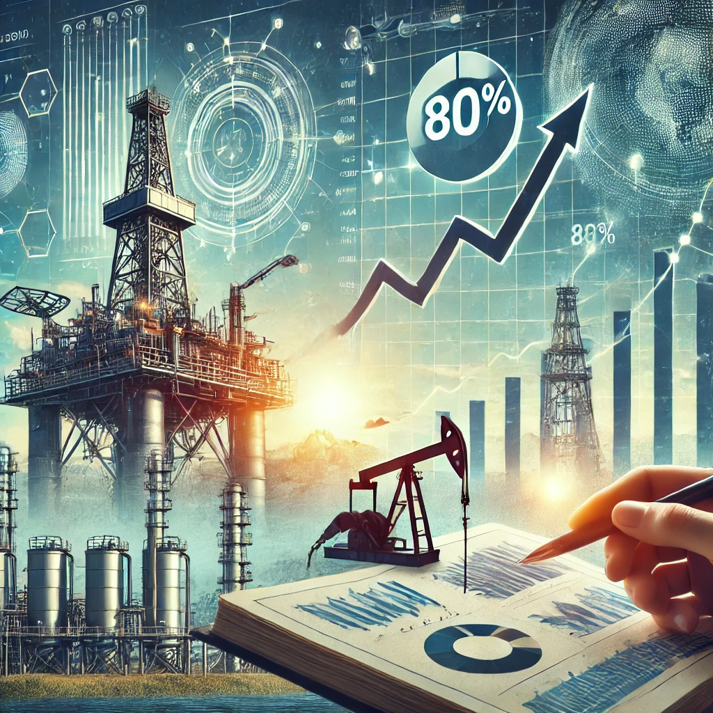 Illustration of the oil and gas equipment industry featuring advanced machinery, drilling rigs, and an 80% upward stock chart, symbolizing Profire Energy Inc.'s strong financial growth and promising investment potential.