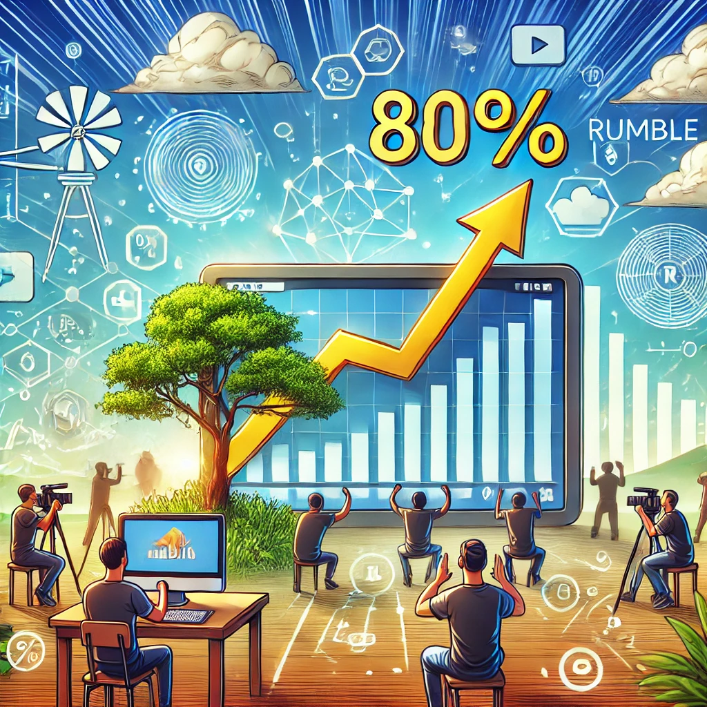 Illustration of the video-sharing industry featuring digital content creators, a computer screen uploading a video, and an 80% upward stock chart, symbolizing Rumble Inc.'s strong growth potential.