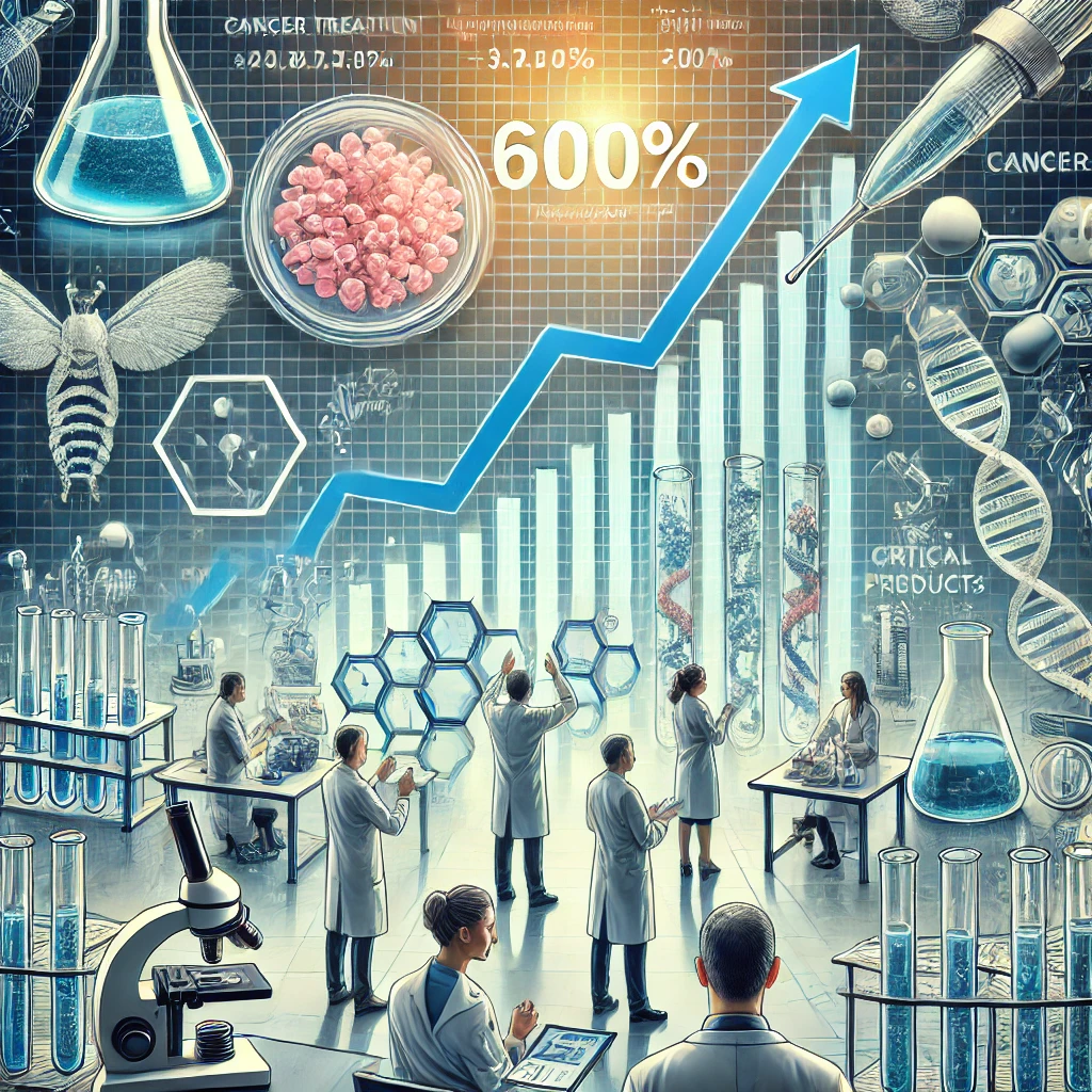 Illustration of the biopharmaceutical industry featuring advanced lab equipment, researchers, and a stock chart showing a 600% upward trend, highlighting Citius Pharmaceuticals' growth potential.