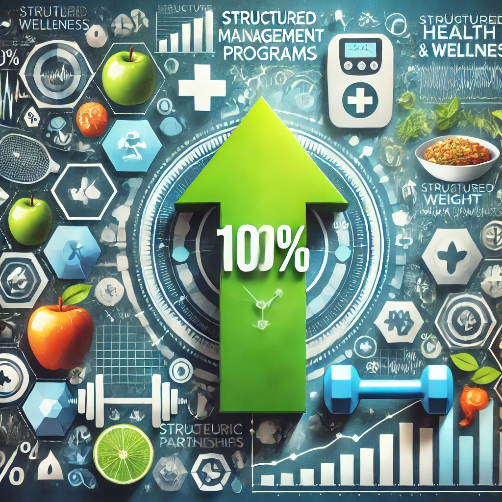 Image representing the health and wellness industry with icons of healthy foods, exercise equipment, and a medical cross, featuring a bold green upward arrow with '100%' indicating growth and success.