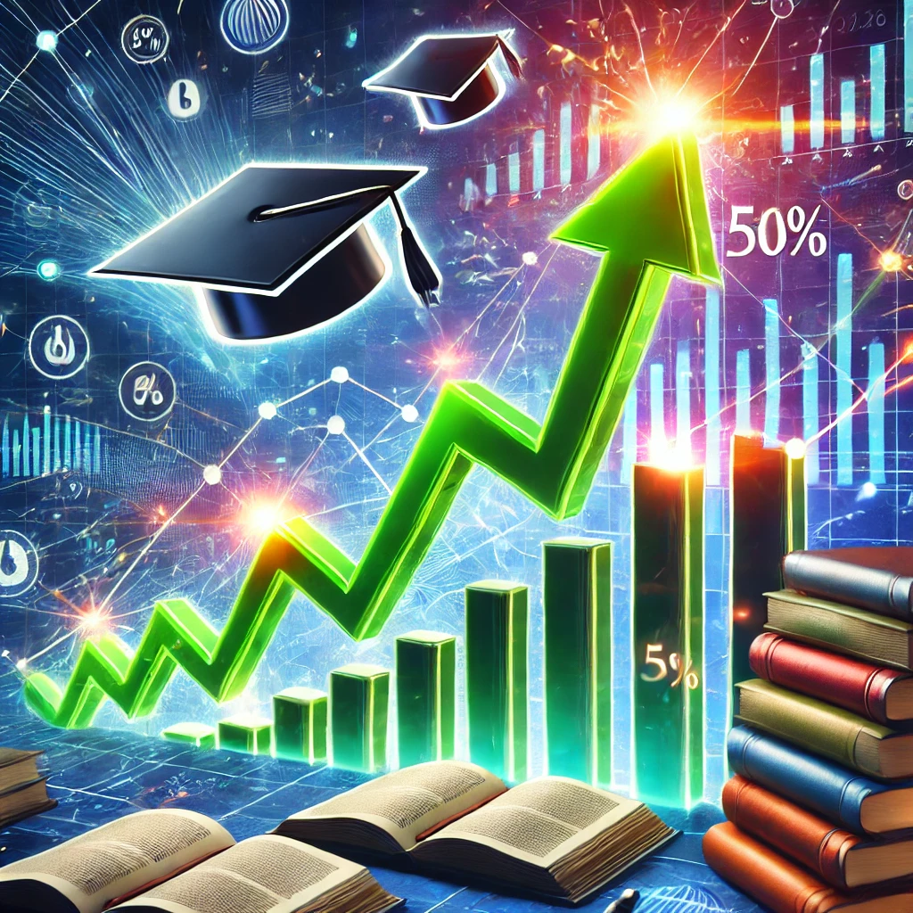 Dynamic stock chart showing a sharp upward trend representing a 50% increase for Udemy Inc. with educational symbols in the background.