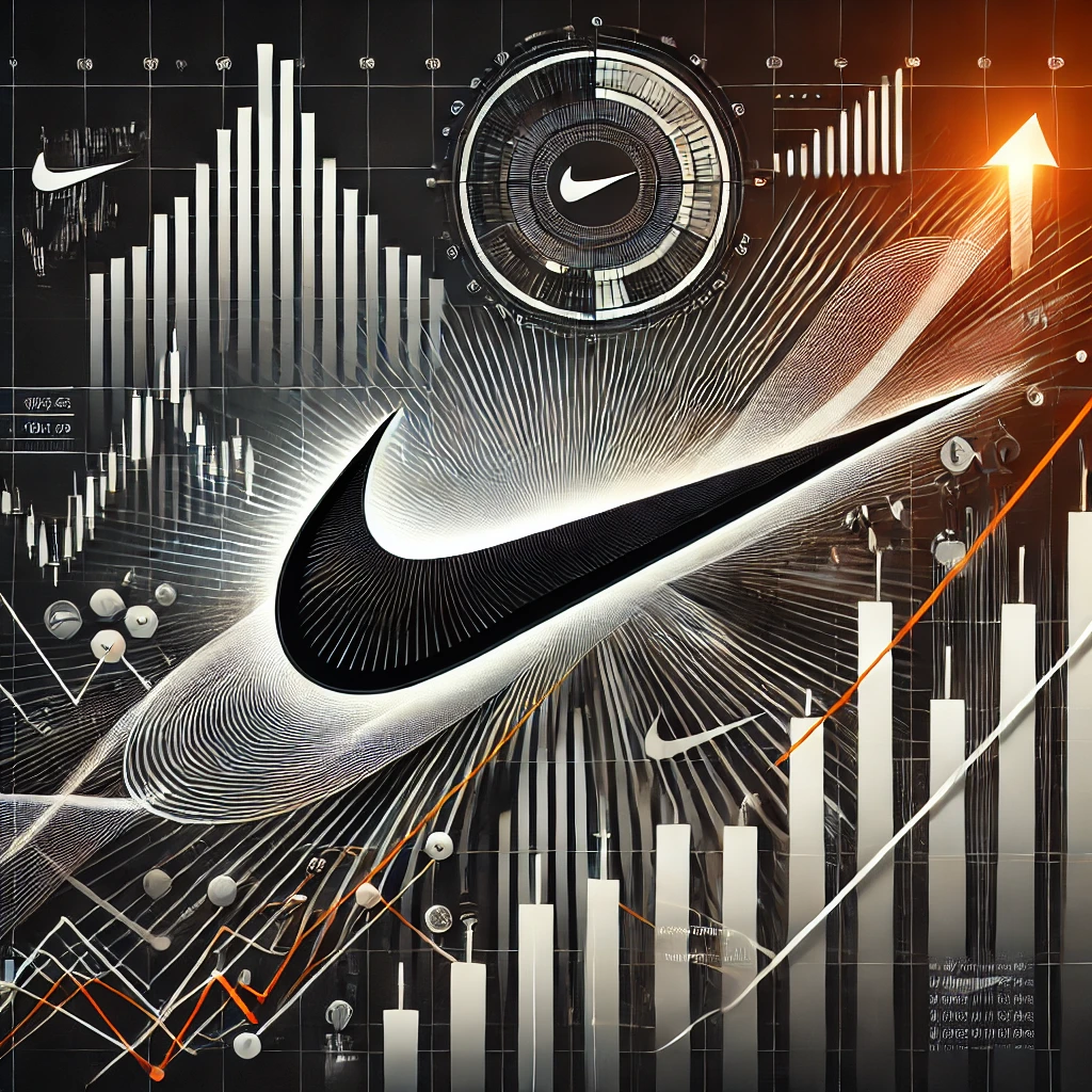 Nike logo with financial charts and upward stock market trends, representing an analysis of Nike's financial performance and growth prospects.