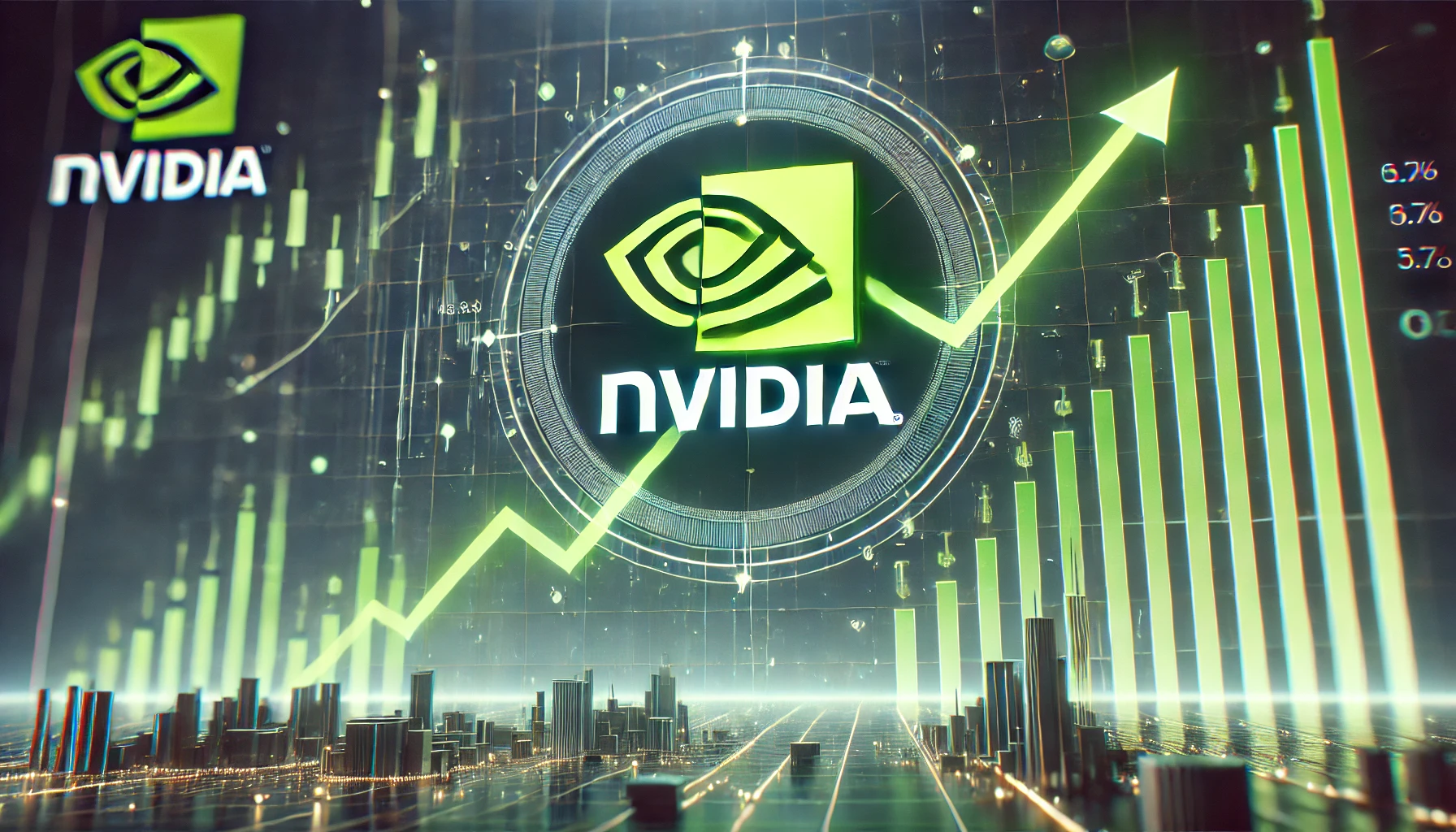 NVIDIA logo with a rising stock market graph in the background, symbolizing growth and positive financial performance.