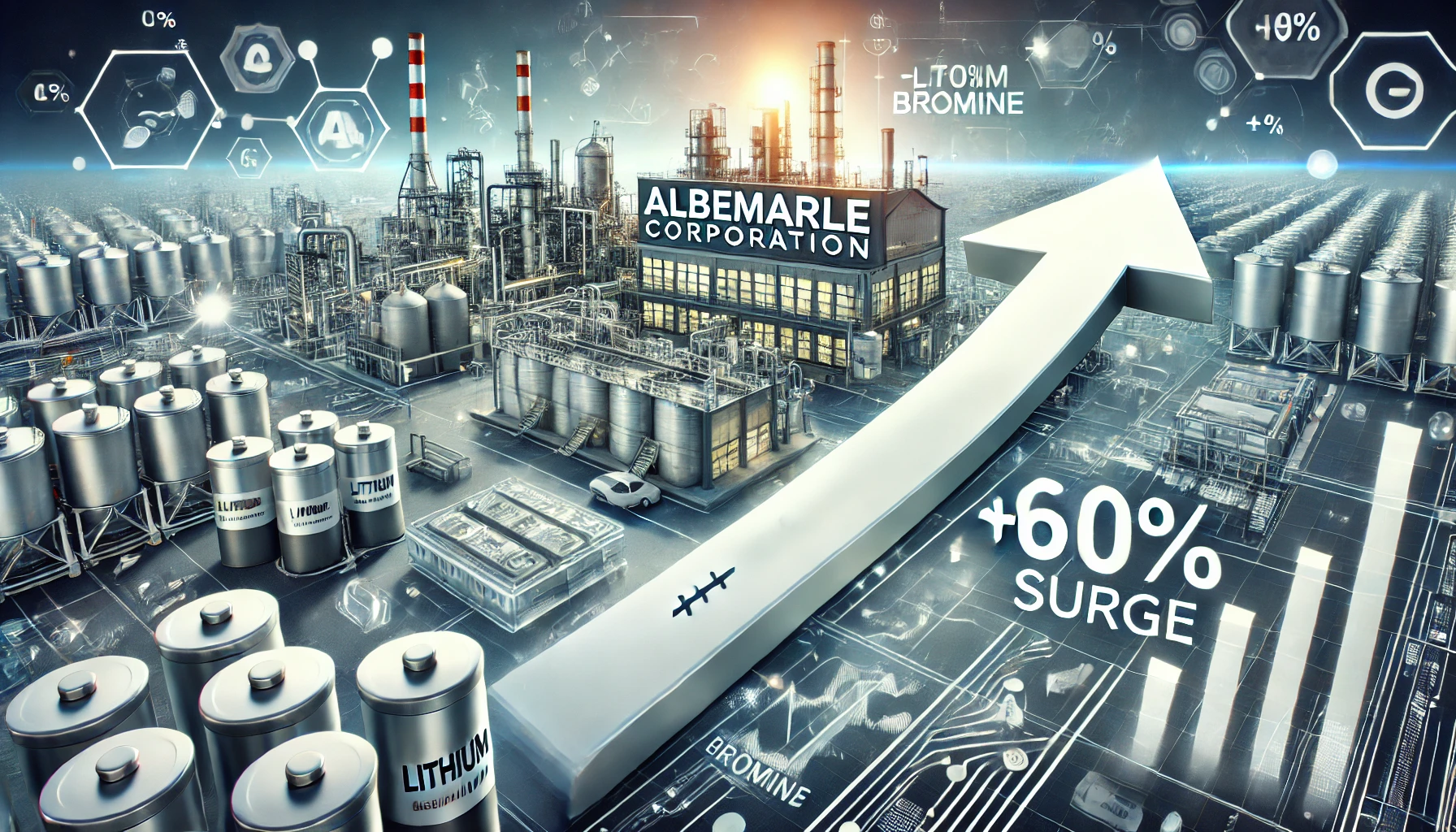 An image representing Albemarle Corporation's industry with lithium batteries, chemical containers, and a bold upward arrow indicating a +60% surge.