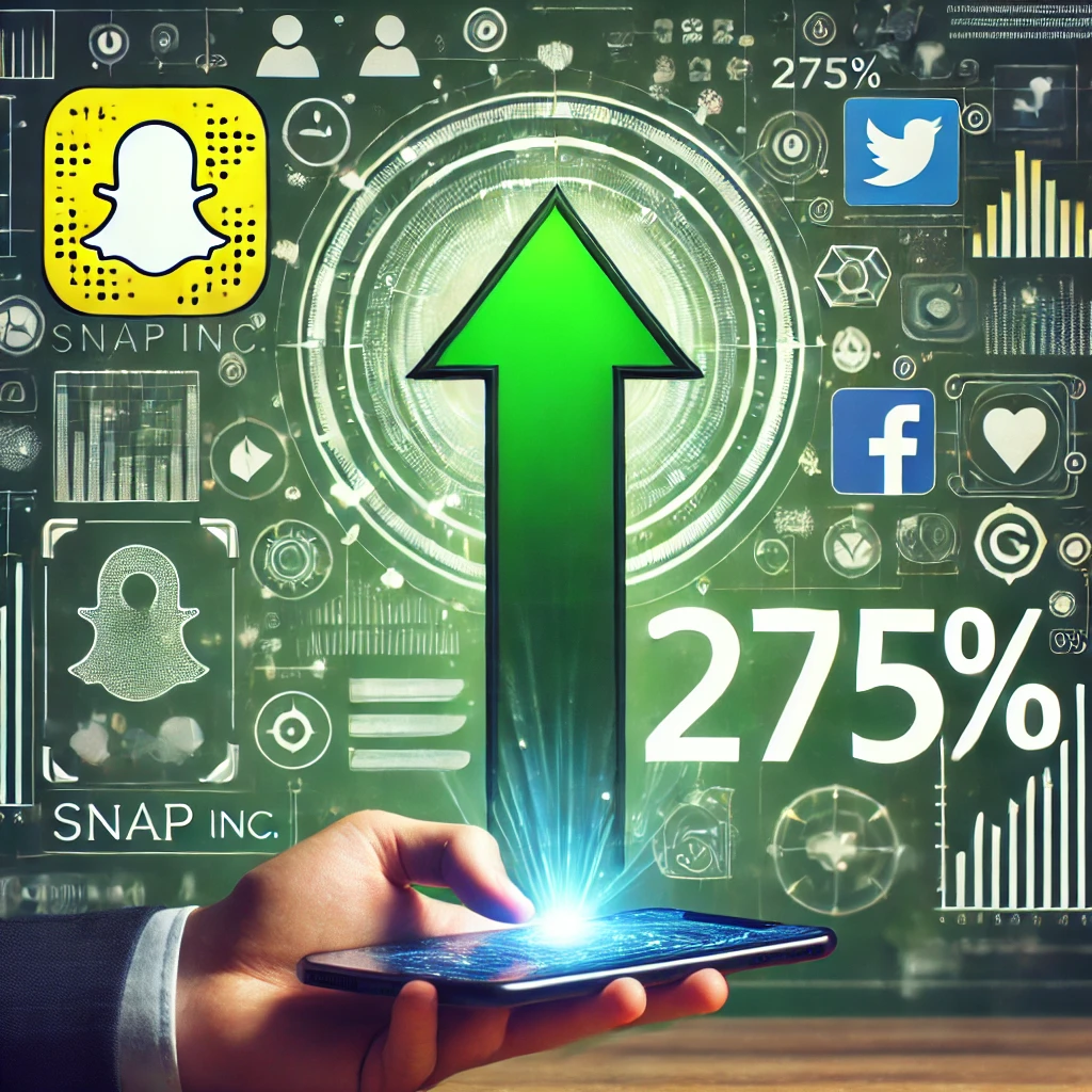 Snap Inc. logo with a 275% growth arrow, digital advertising and social media icons background.