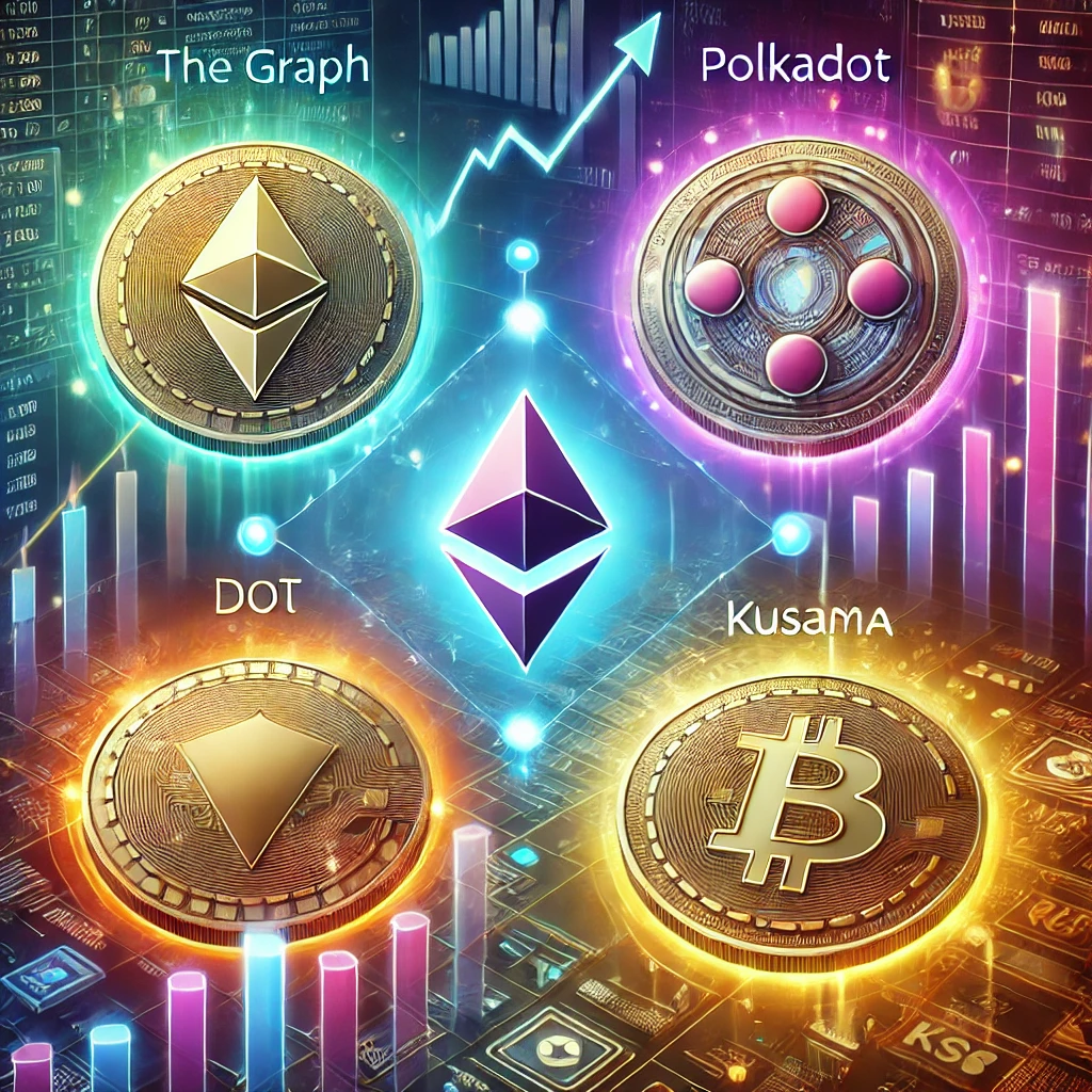 Logos of The Graph, Polkadot, SKALE Network Coin, and Kusama with a futuristic background showing growth charts.