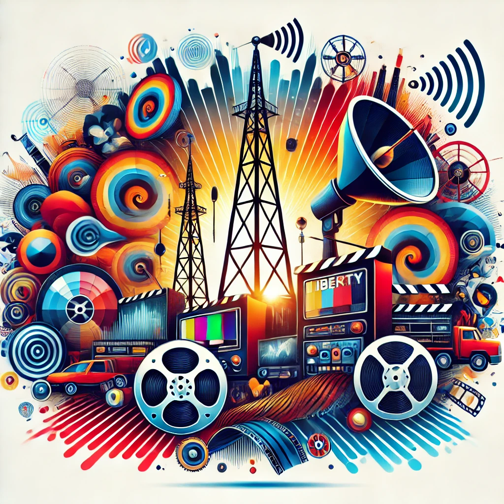 Image depicting the media and entertainment industry with broadcasting towers, satellite dishes, film reels, and soundwaves, representing Liberty Media Corp ($LSXMA).