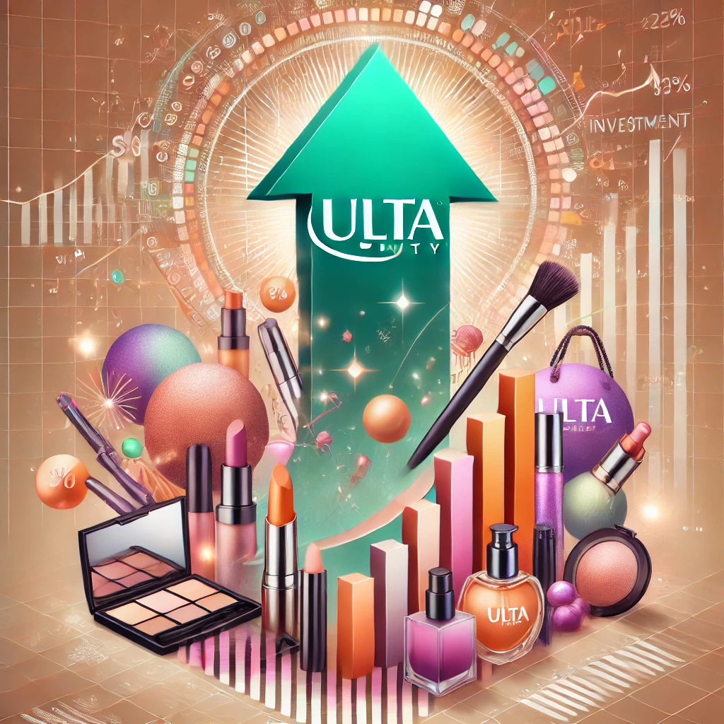 Beauty industry with upward arrow representing growth, surrounded by makeup and skincare products, emphasizing investment potential.