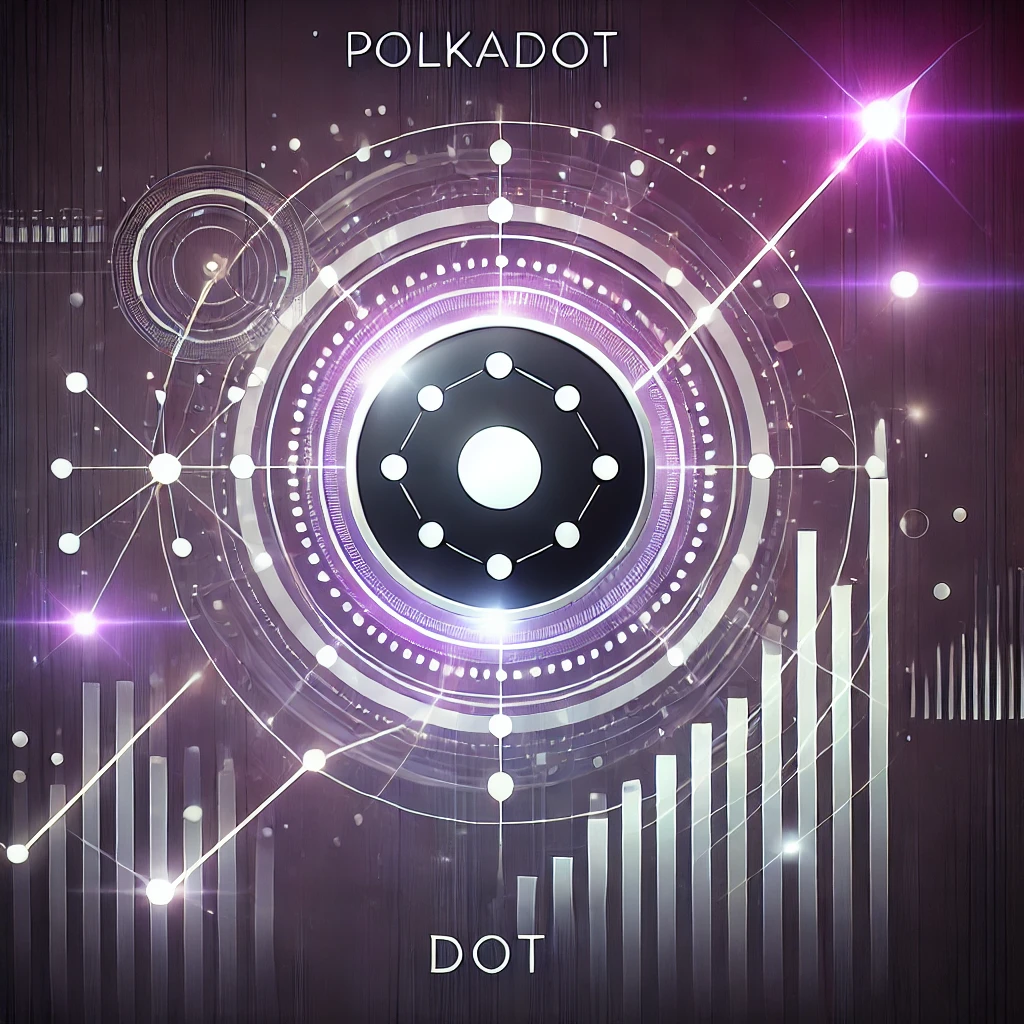 Polkadot (DOT) logo with futuristic blockchain elements and a dynamic upward trend, representing growth and innovation.