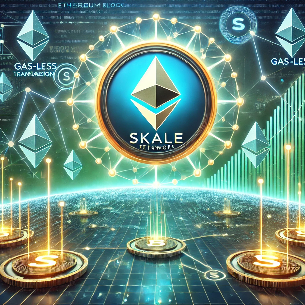 SKALE Network (SKL) logo with futuristic blockchain elements and symbols representing gas-less transactions, indicating growth and innovation.