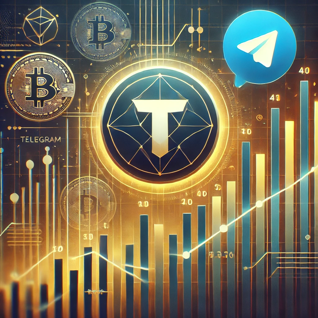 Toncoin logo with abstract blockchain graphics and market charts, symbolizing volatility and growth.