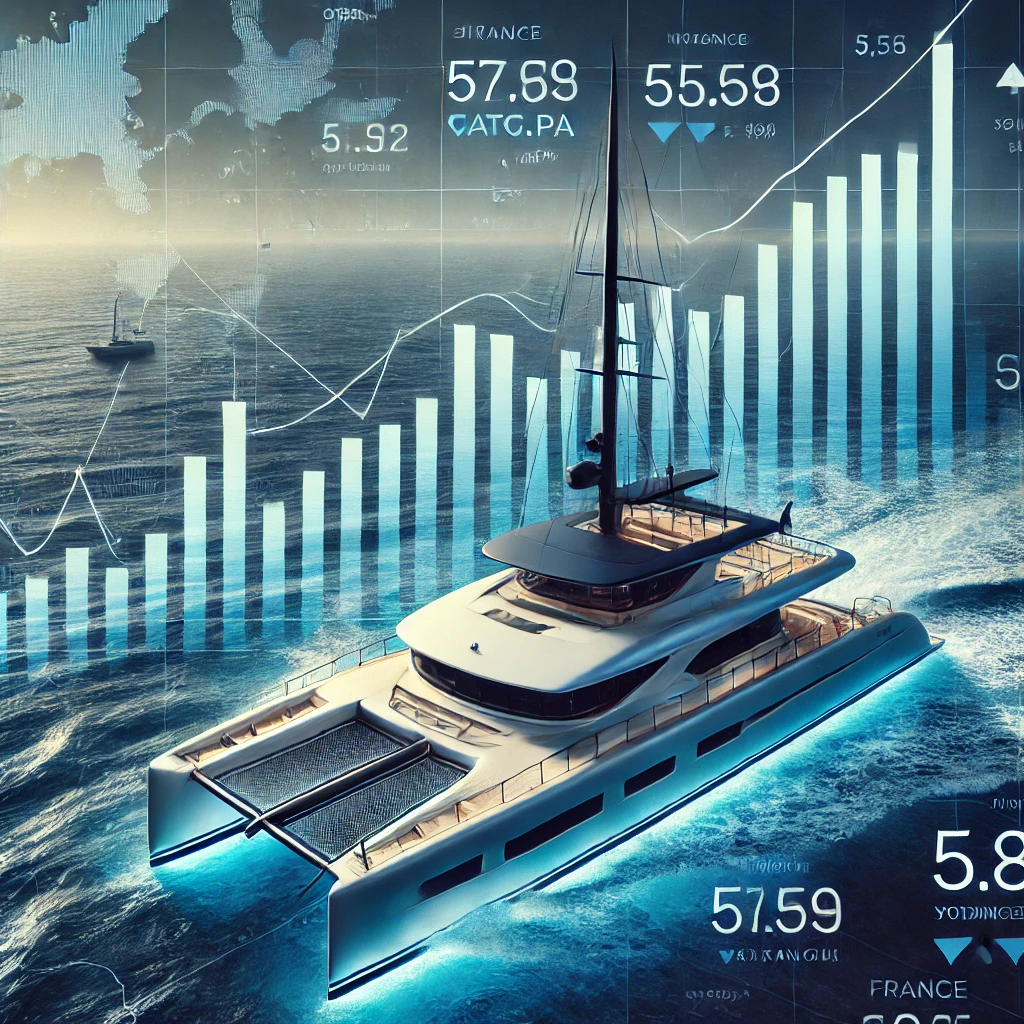 Catana Group (CATG.PA) luxury catamaran with stock chart overlay, symbolizing growth and investment potential.