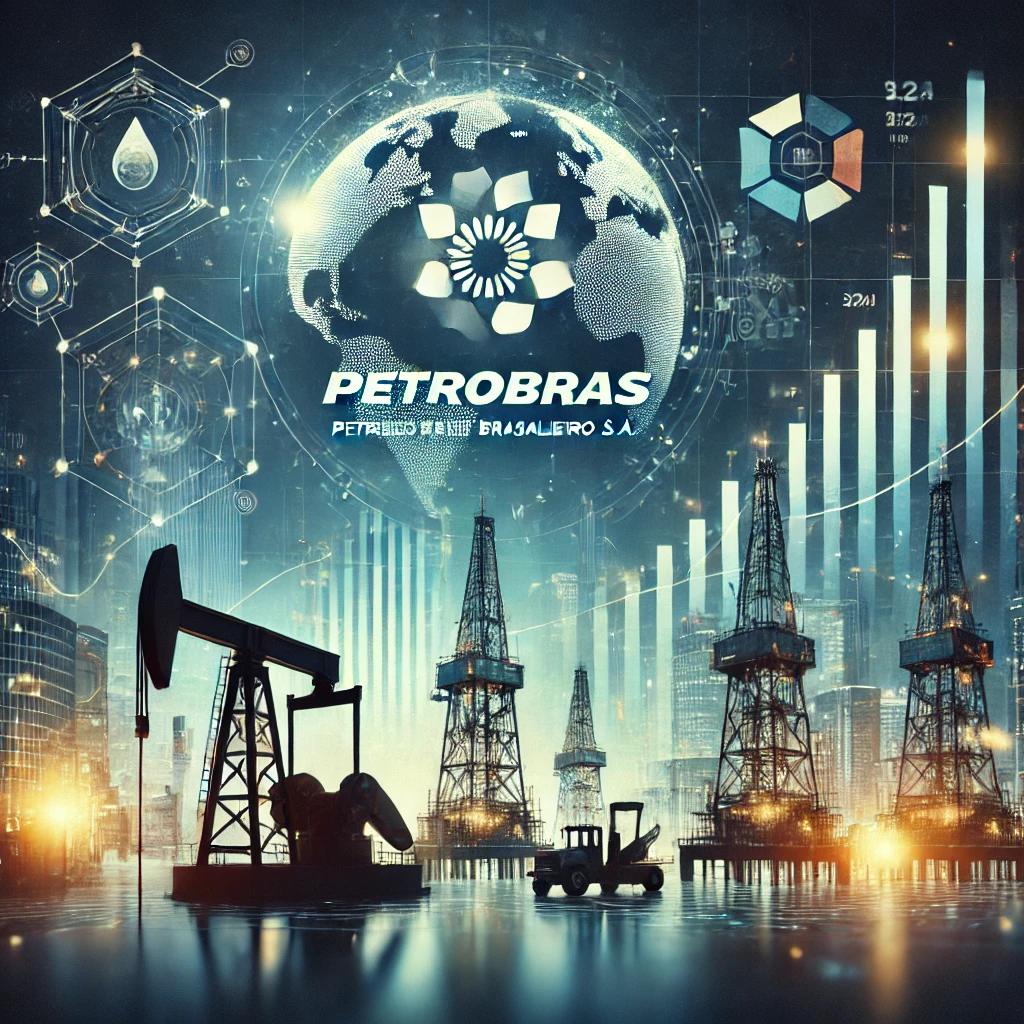 Petrobras logo with oil rigs, stock market graphs, and a map of Brazil, symbolizing its role in the global energy market and investment potential.