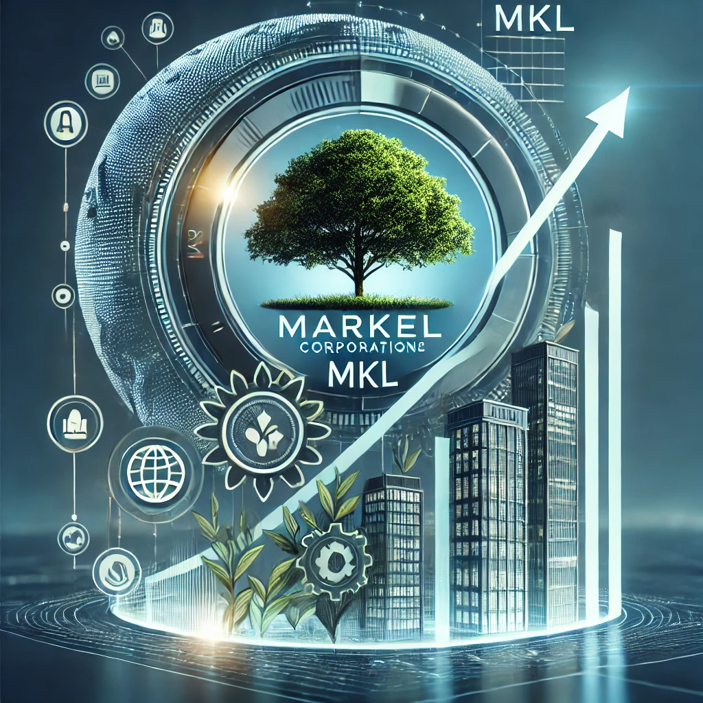 Professional image representing Markel Corporation (MKL) with stock chart, business growth symbols, and a color scheme of blue and green for financial trust and stability.