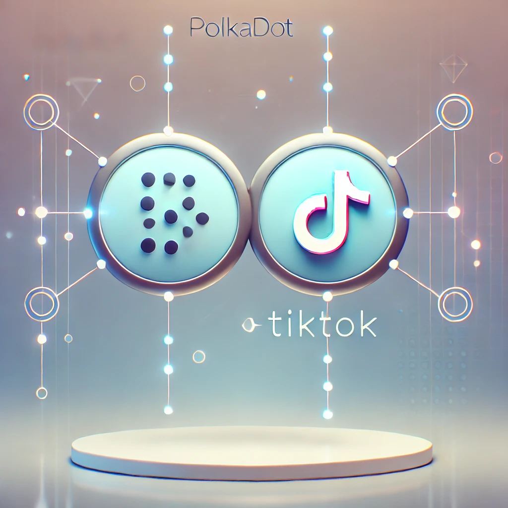 Polkadot and TikTok logos connected by blockchain lines, representing their integration in Web 3.0.