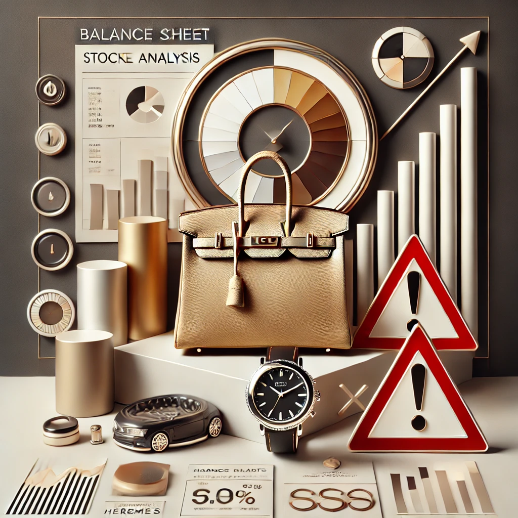 Luxury stock analysis with a Hermès handbag and financial warning signs.