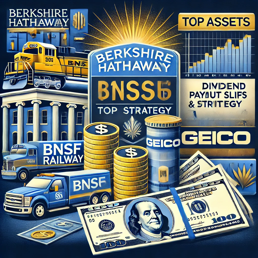 Illustration of Berkshire Hathaway’s top assets, BNSF Railway and GEICO, with dividend and cash symbols.