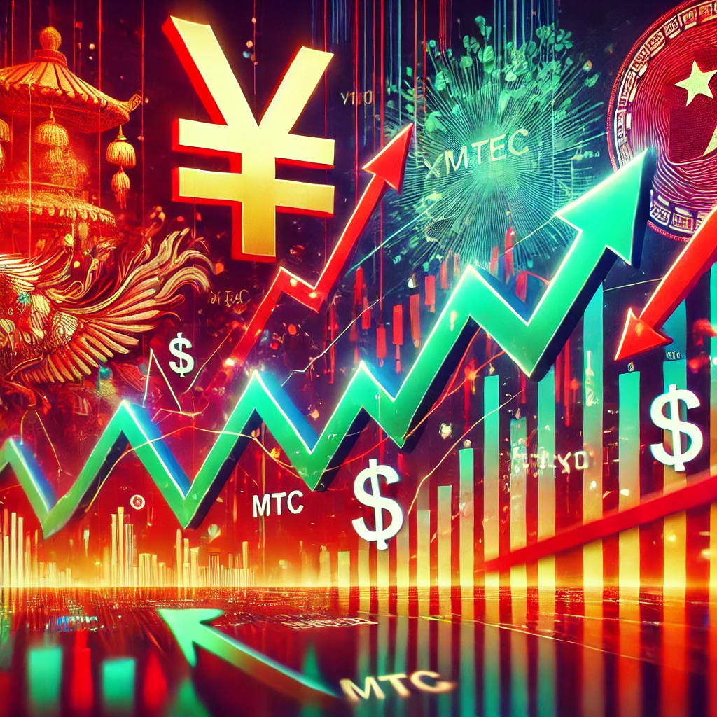 MMTEC stock chart with volatile movements, symbols of Chinese yuan, and arrows indicating falling interest rates.