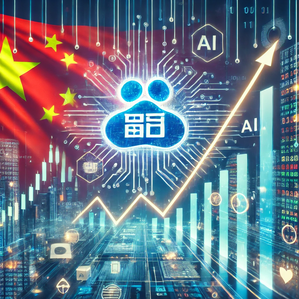 China’s flag, Baidu logo, and stock chart indicating growth in technology and AI investment.