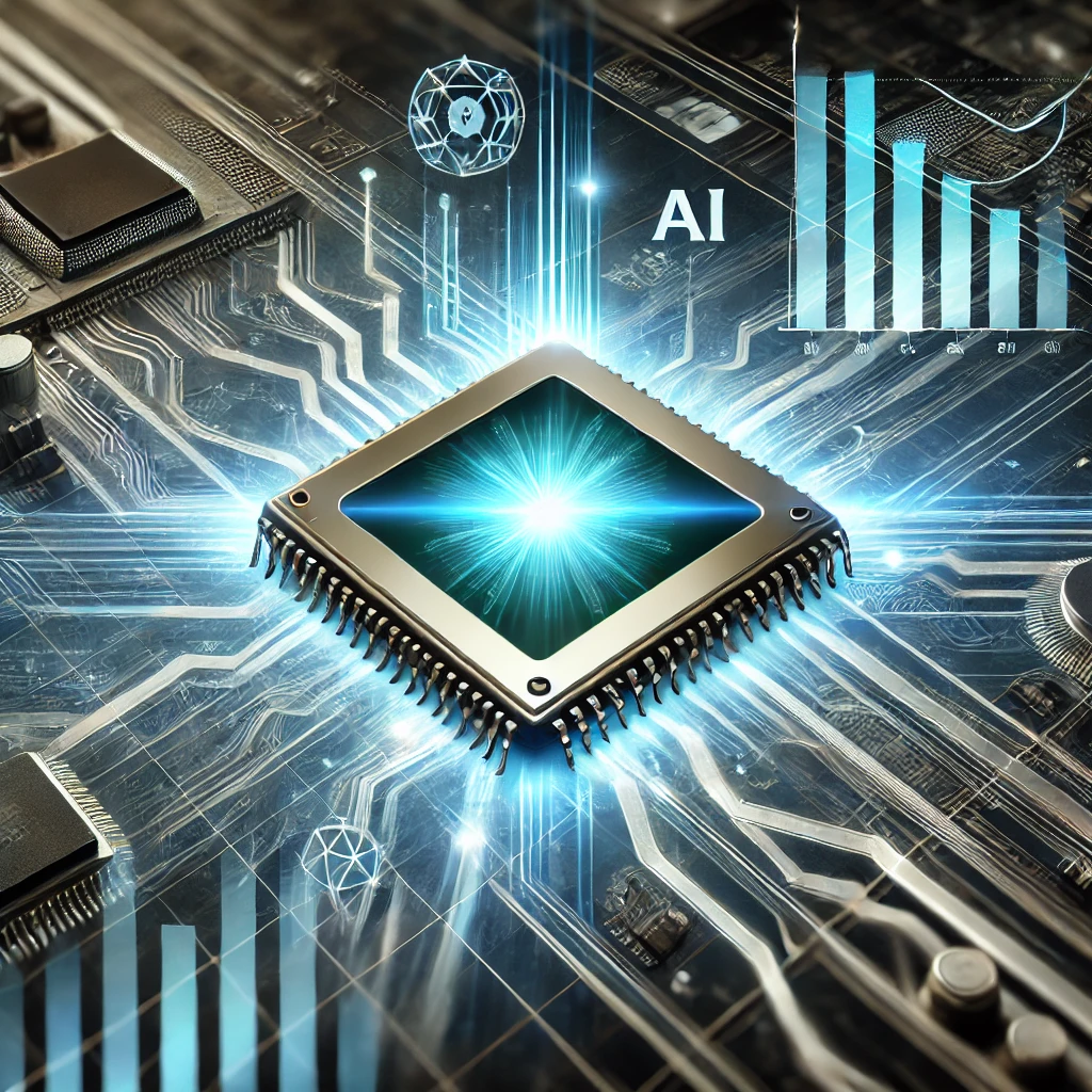 A glowing semiconductor chip representing TSMC, surrounded by dynamic lines and tech icons, with financial growth charts in the background.