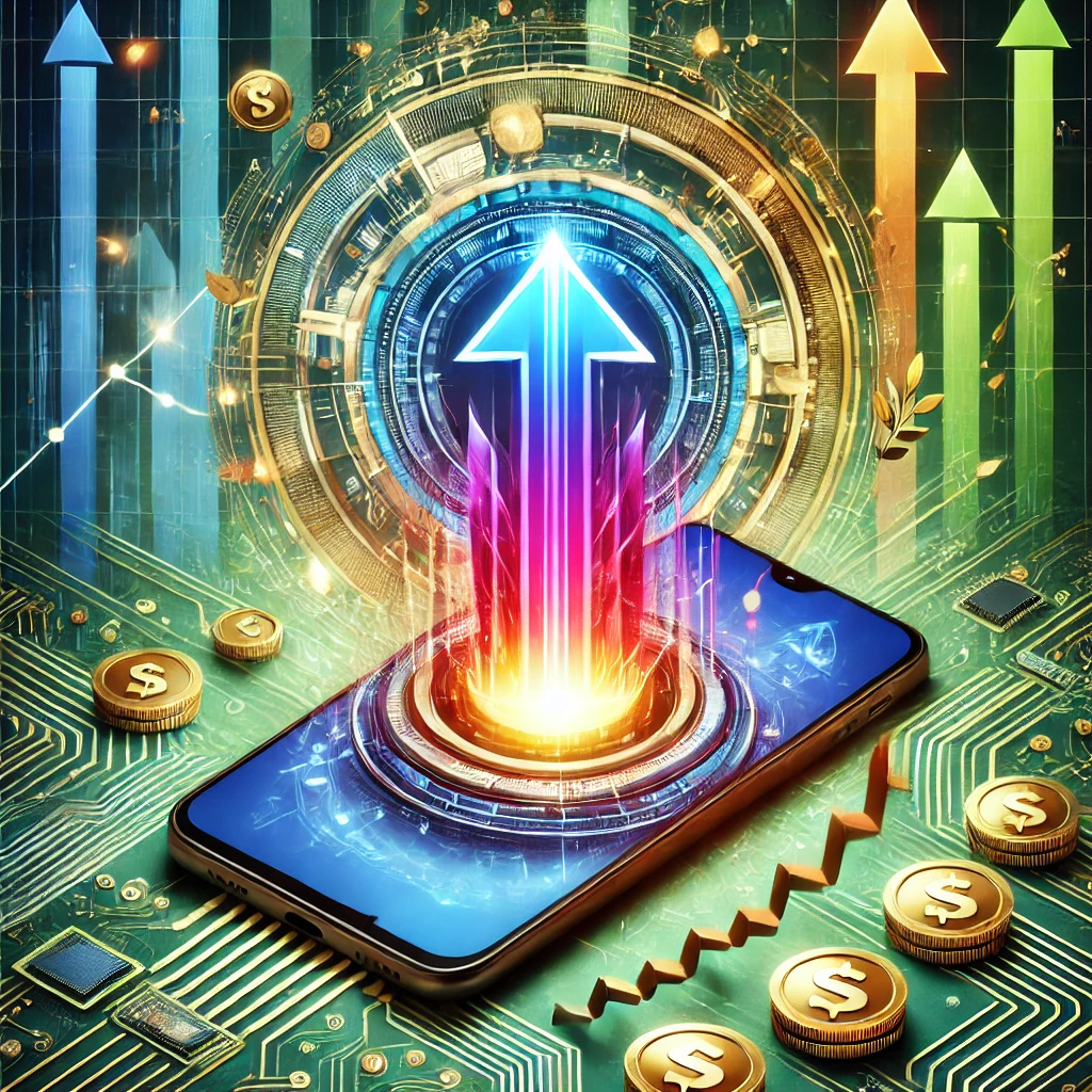 A mobile gaming icon emerging from a glowing phone, surrounded by financial charts and growth symbols, representing Zengame Technology's success.