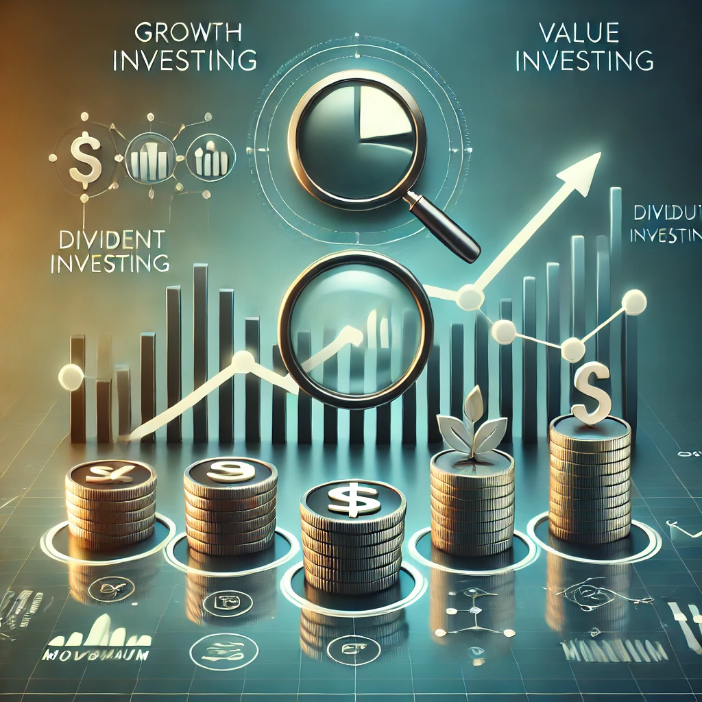 Illustration of investment strategies including growth, value, dividend, and momentum investing represented by financial symbols and charts.