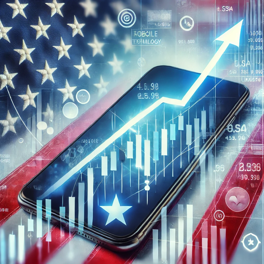 Stock market growth with upward-trending graph, mobile technology icons, and U.S. election backdrop.