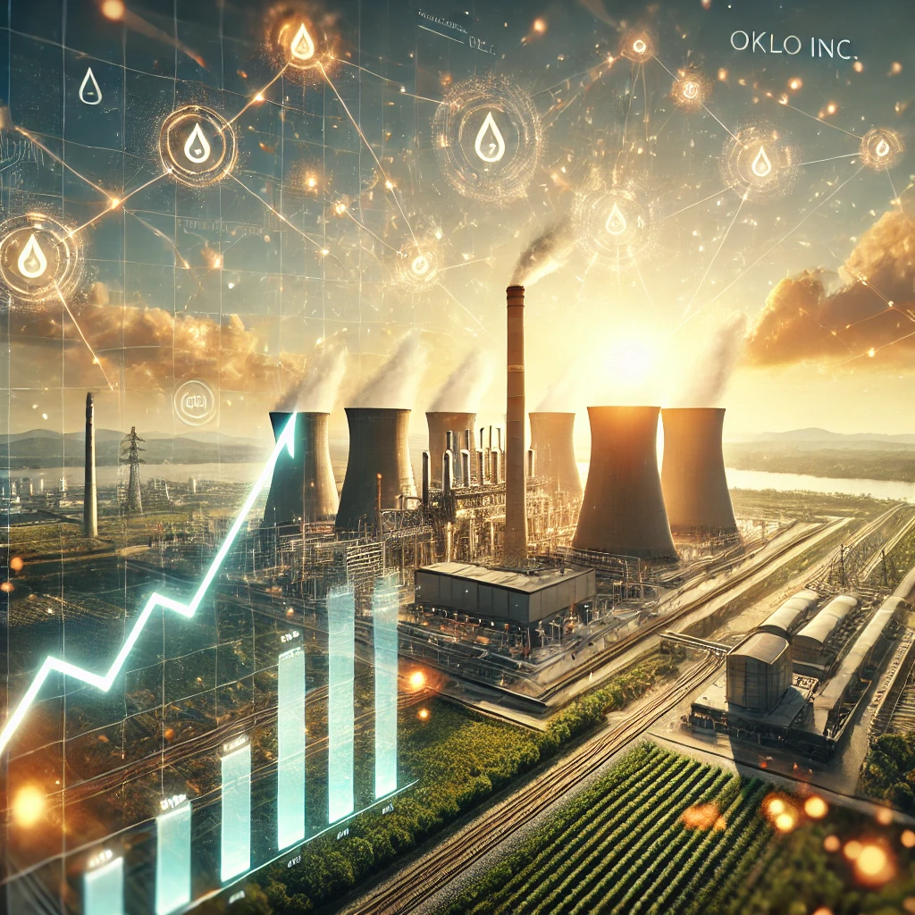 Futuristic Oklo Inc. power plant with warm glow, digital pathways, sunrise, and growth charts indicating sustainable energy and investment potential