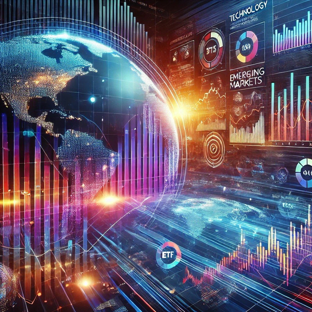 Digital representation of the financial market with ETF growth graphs, showcasing market diversity and global investment themes.