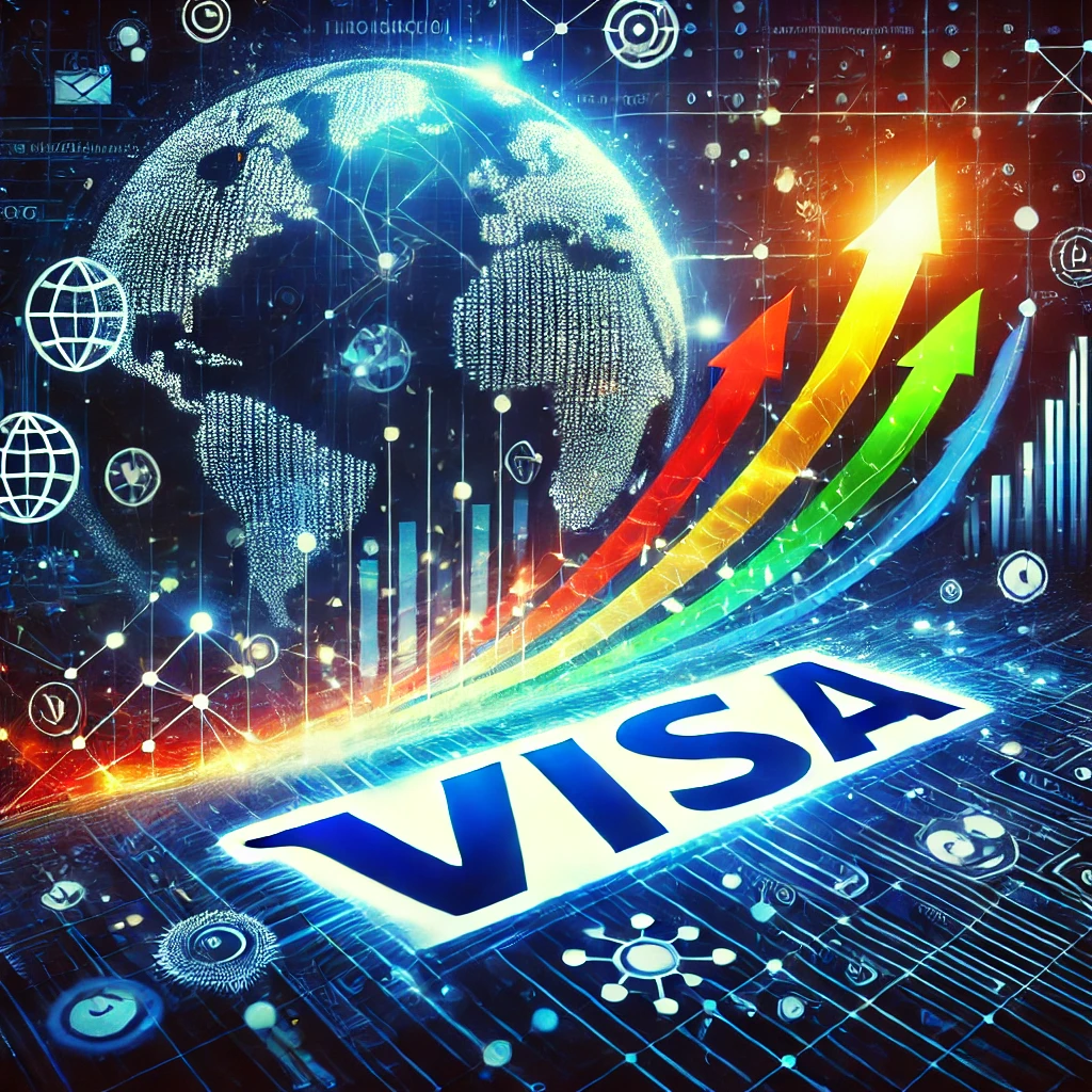 Illustration of Visa's global financial influence with icons of growth and digital transactions.