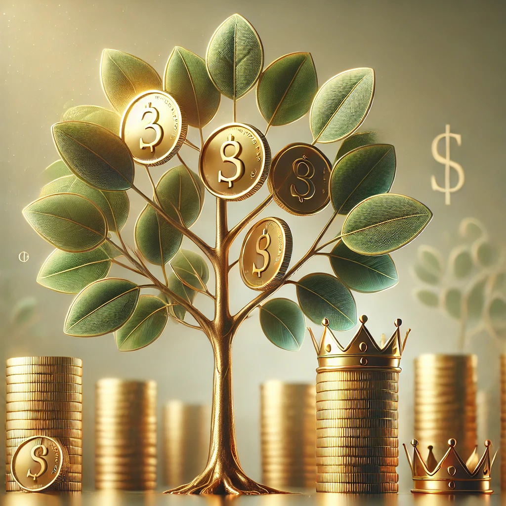 Ultra-realistic illustration of a tree with golden coins as leaves, symbolizing dividend investing, with crowns on branches representing Dividend Kings and Aristocrats. The background is soft and blurred in warm gold and green tones.