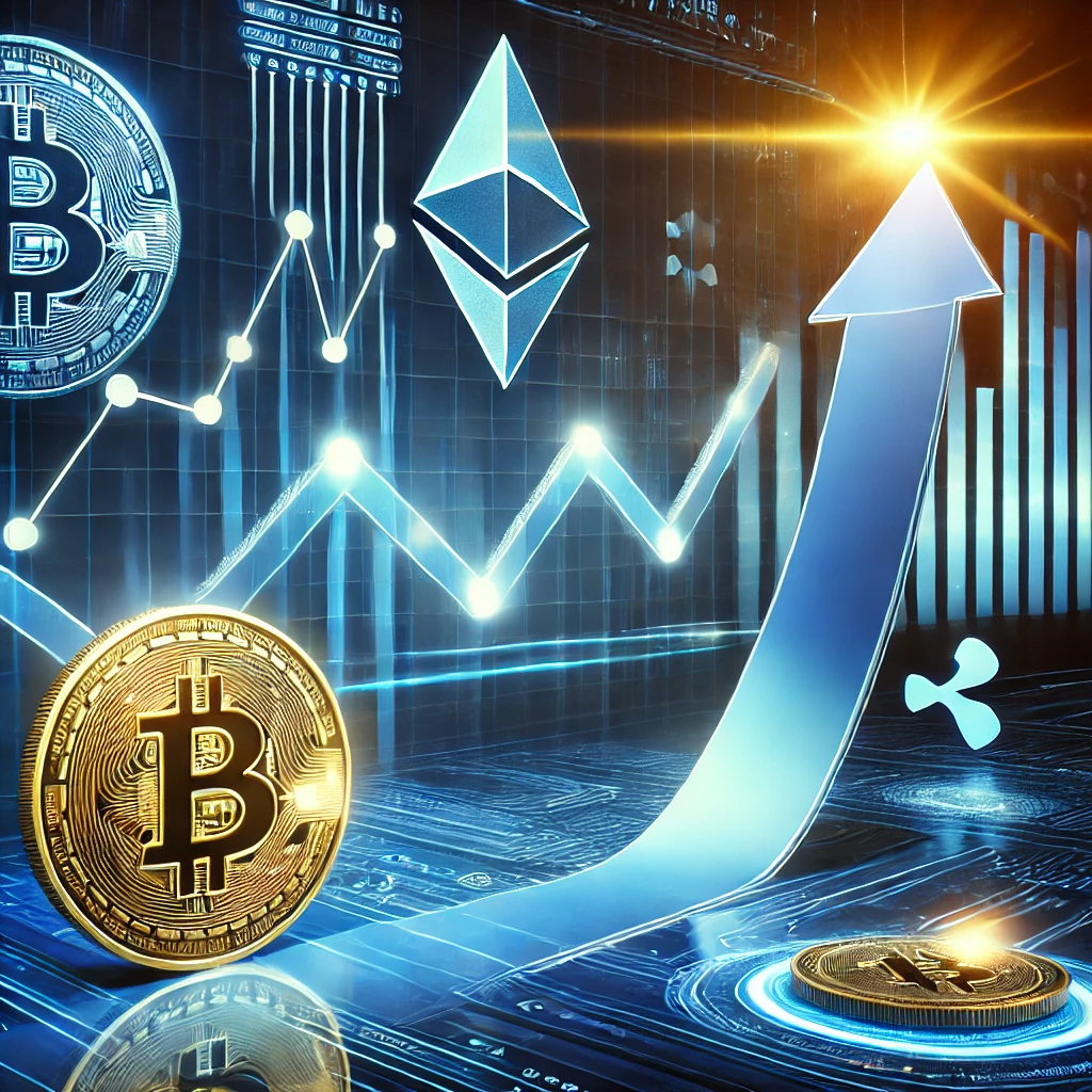 Illustration showing Bitcoin and altcoin growth with a financial chart, upward arrow, and icons for newsletter and alerts, symbolizing investment potential.