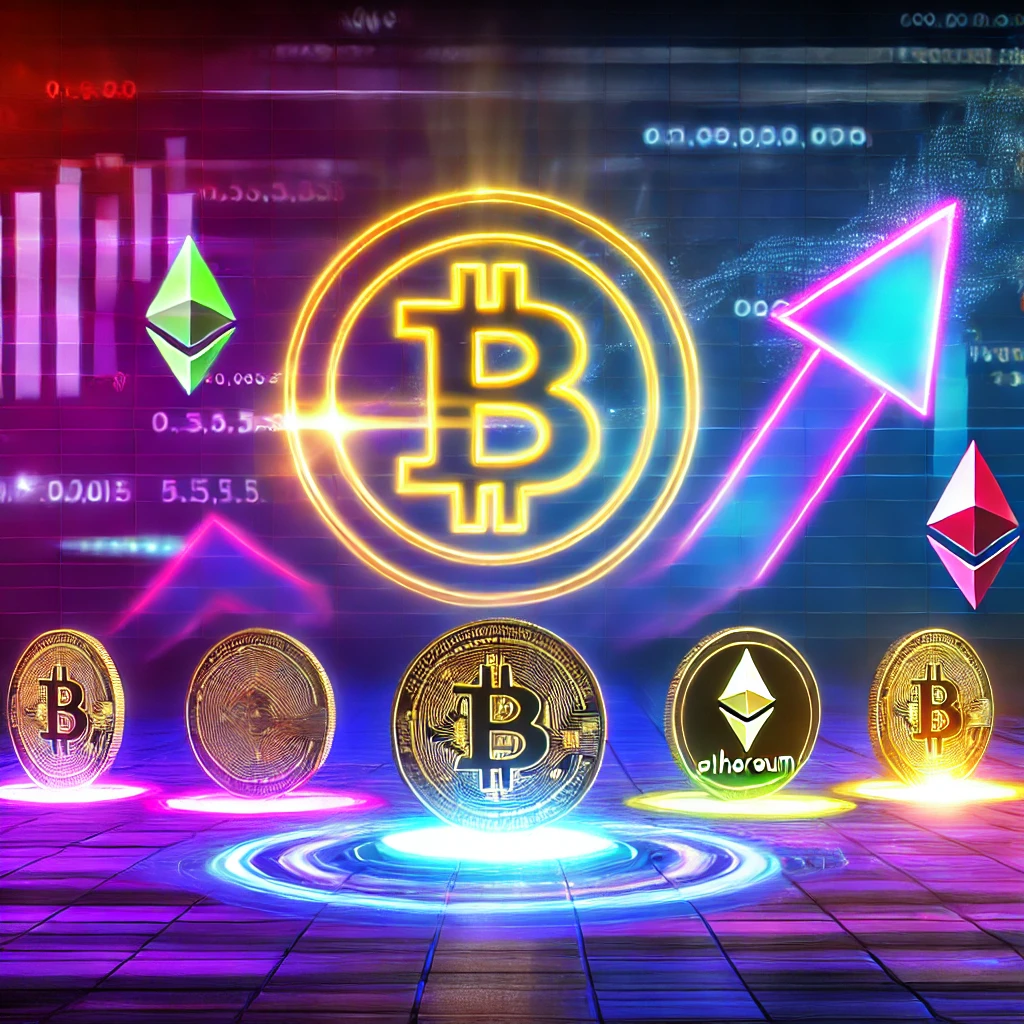 Futuristic depiction of Bitcoin and altcoins in a bull run with glowing symbols and upward financial trends.