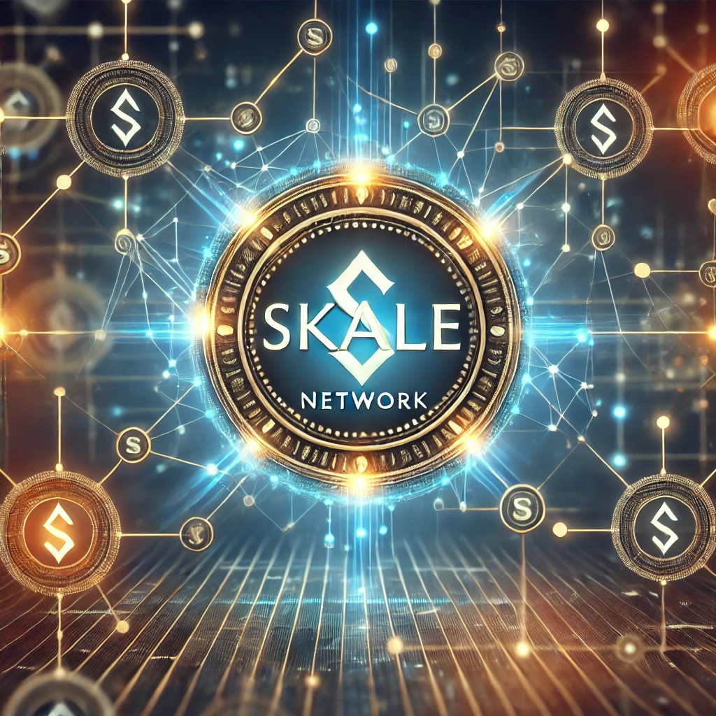 Digital representation of SKALE Network with interconnected nodes, glowing data streams, and SKALE logo on a gradient dark blue background.