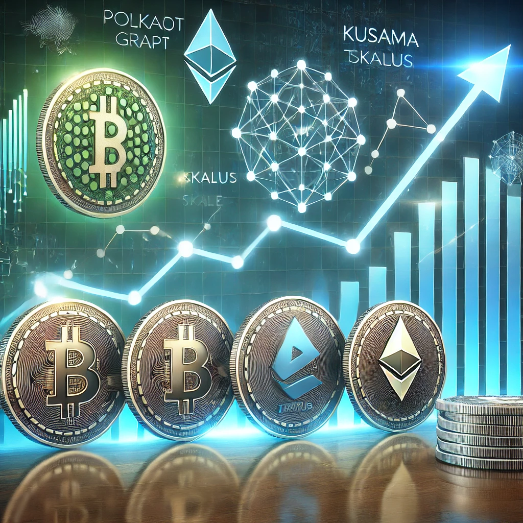 Cryptocurrency coins and logos floating over a digital financial graph with rising trends, representing a bullish market.