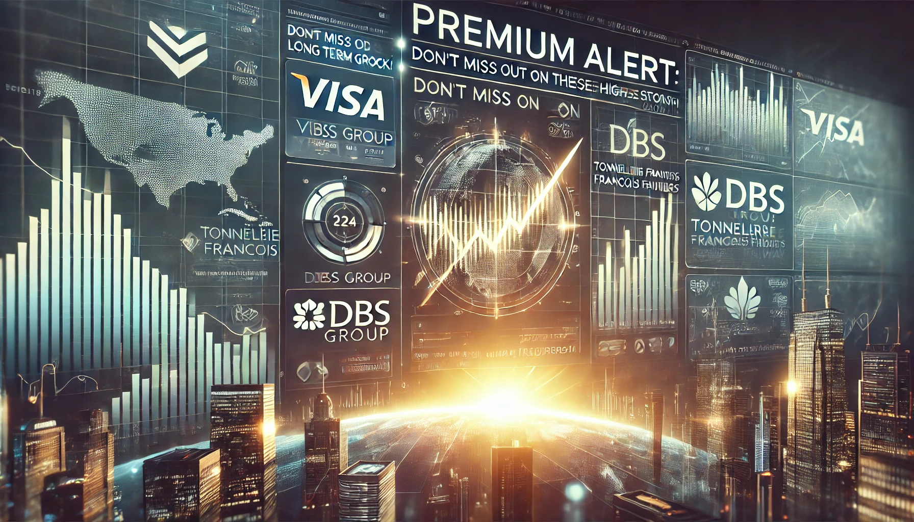 Promotional image with stock market charts, financial data, and company logos for Visa, DBS Group, Tonnellerie François Frères, and Canadian National Railway. The headline reads "PREMIUM ALERT: Don’t Miss Out on These High-Value Stocks Poised for Long-Term Growth!